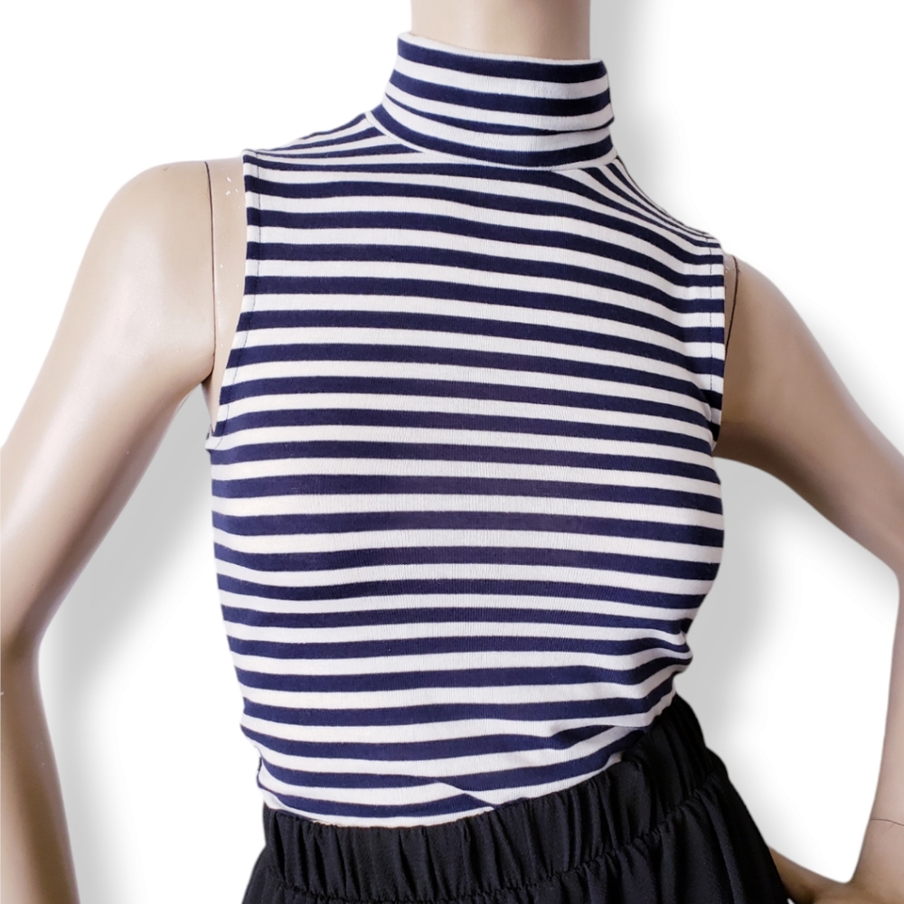 Heart & Hips Navy & White Striped Sleeveless Turtleneck Top
